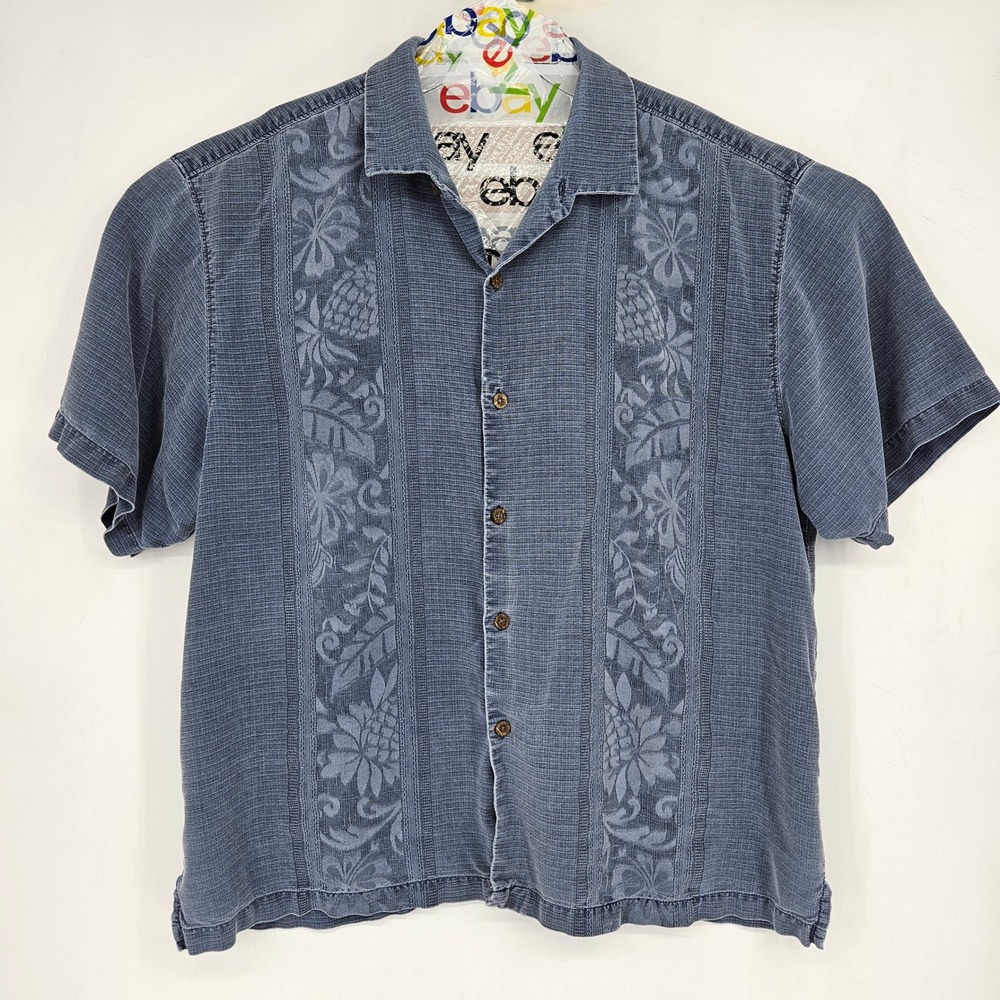 Tommy Bahama Shirt Mens XLX Silk Hawaiian Button Up Camp Jacquard Blue Floral